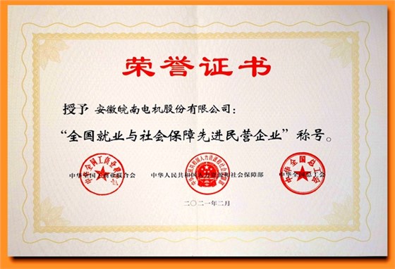 皖南电机:全国就业与社会保障先进民营企业 皖南电机:全国就业与社会保障先进民营企业