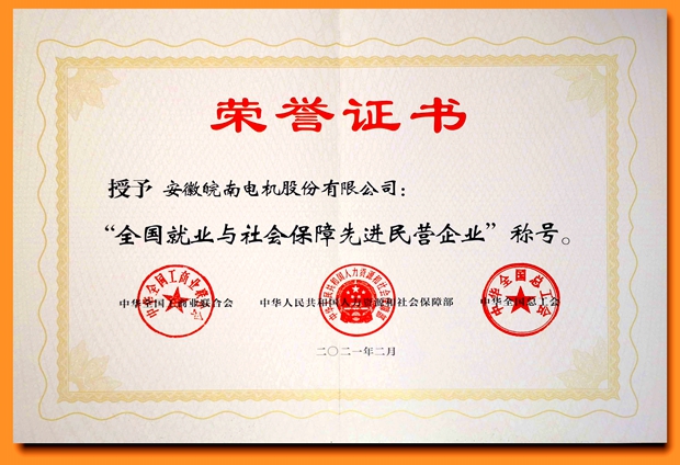 皖南电机:全国就业与社会保障先进民营企业 皖南电机:全国就业与社会保障先进民营企业